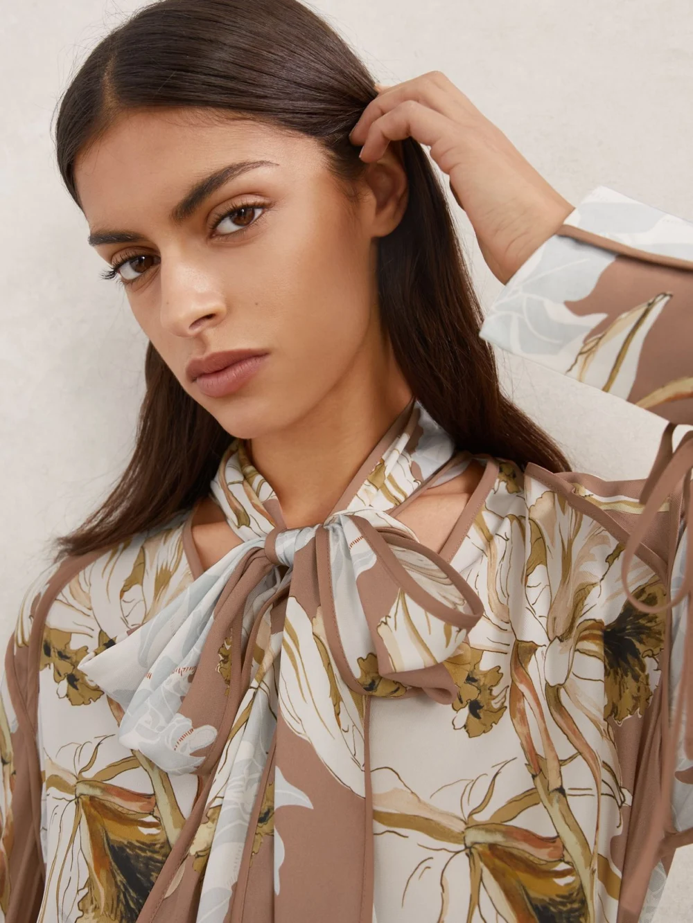 Reiss Pink & Floral-print Tie-neck Blouse, view 4