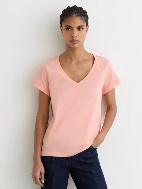Reiss Pink Brushed-cotton V-neck T-shirt