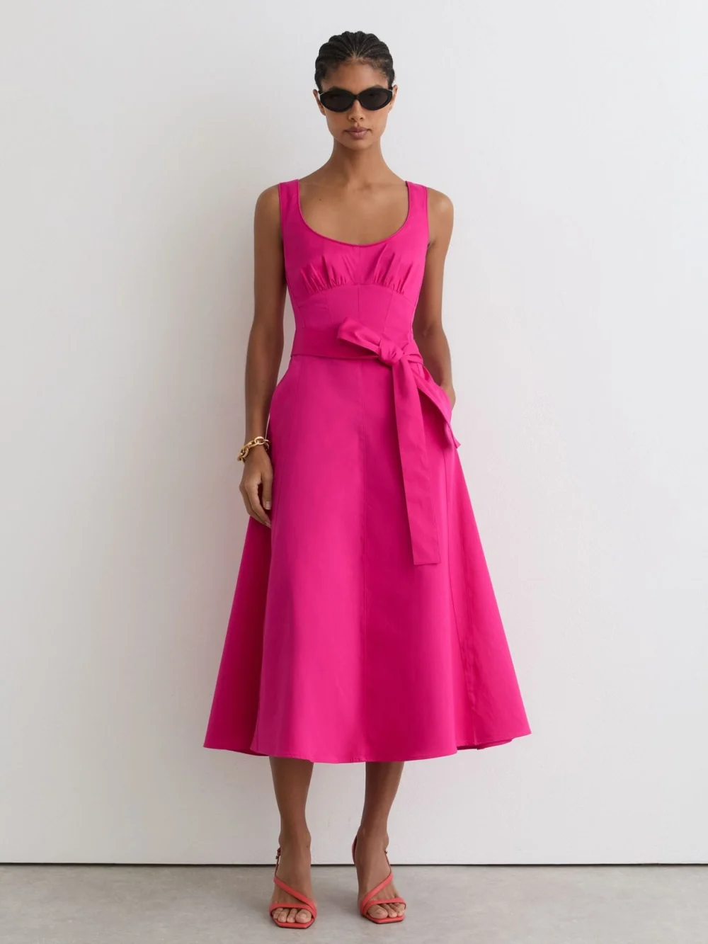 Reiss Pink Cotton Belted Midi Dress with Stretch