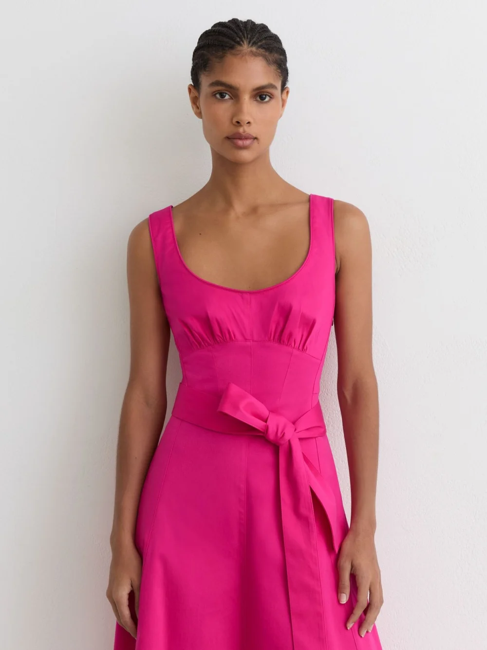 Reiss Pink Cotton Belted Midi Dress with Stretch, view 4