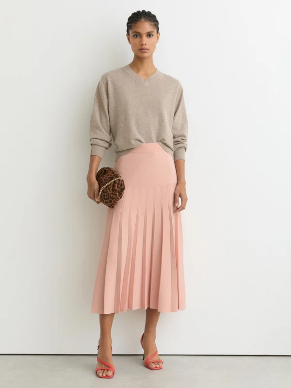 Reiss Pink Knitted Stripe Pleated Midi Skirt