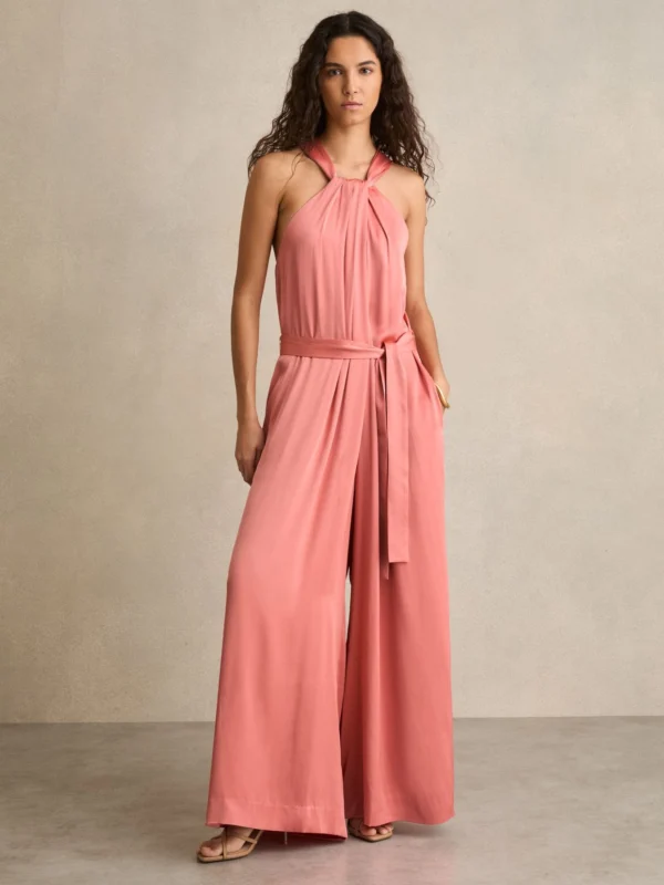 Reiss Pink Petite Satin Wide-leg Draped Jumpsuit