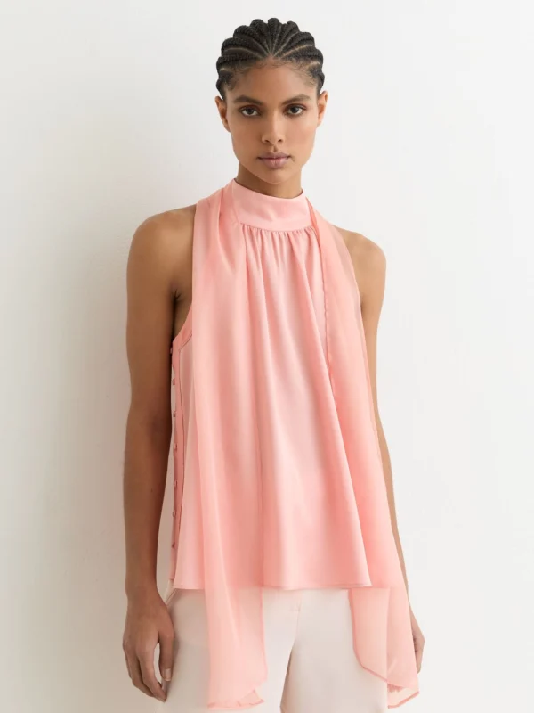 Reiss Pink Satin Sleeveless Scarf-neck Top