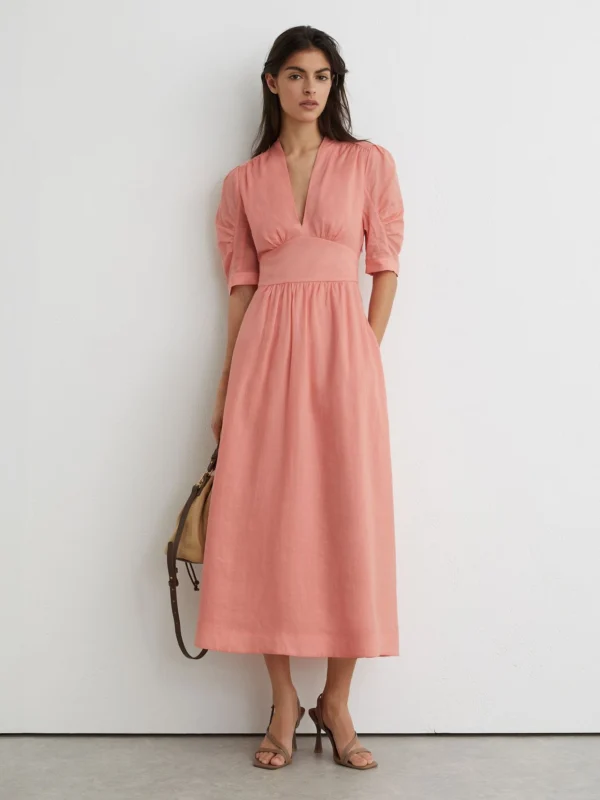 Reiss Pink Short-sleeve Waisted Midi Dress
