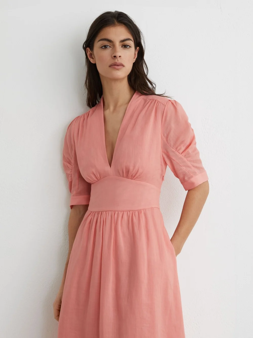 Reiss Pink Short-sleeve Waisted Midi Dress, view 3