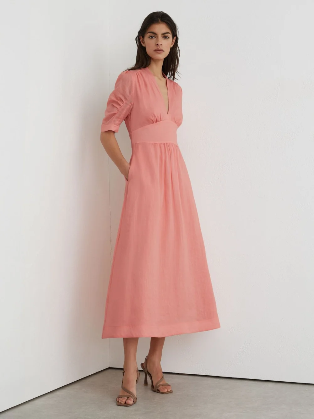 Reiss Pink Short-sleeve Waisted Midi Dress, view 5