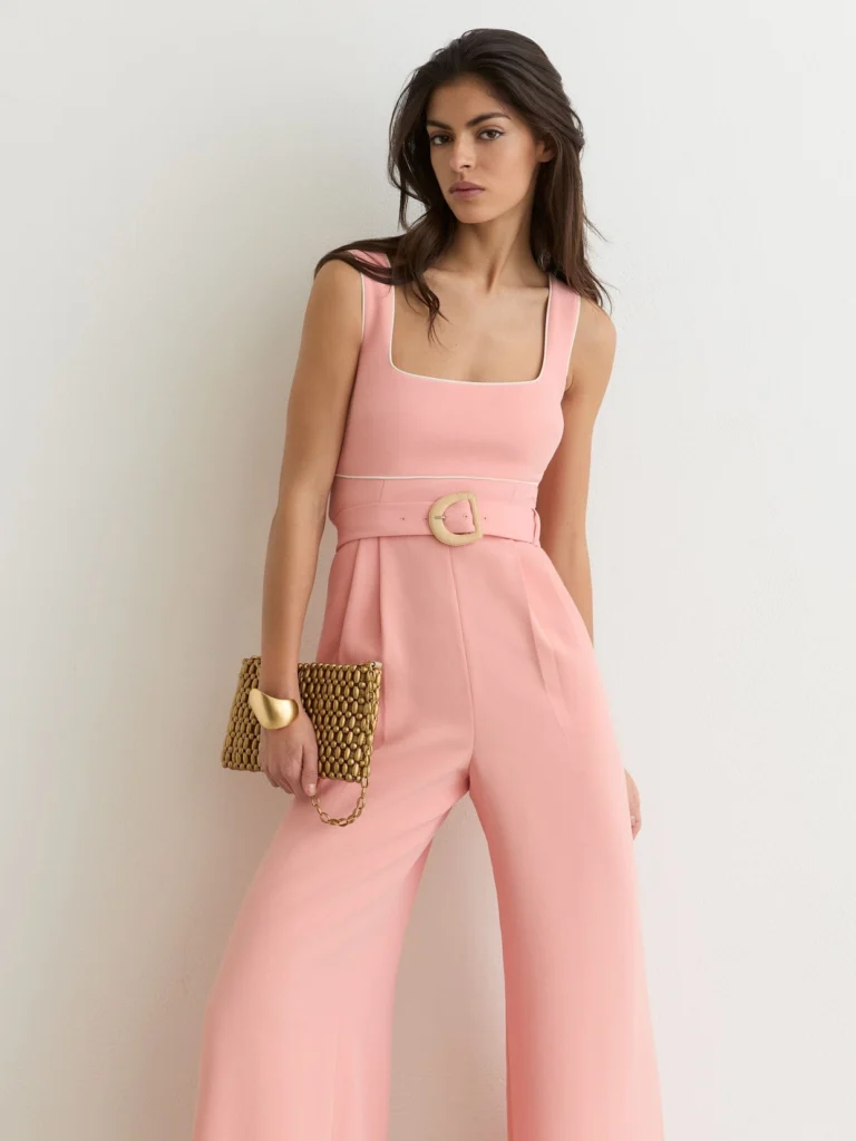 Reiss Pink Tipped Wide-leg Belted Jumpsuit