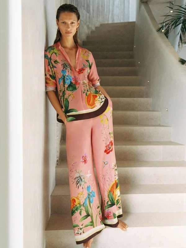 Reiss Pink Tropical Scarf-print Wide-leg Trousers