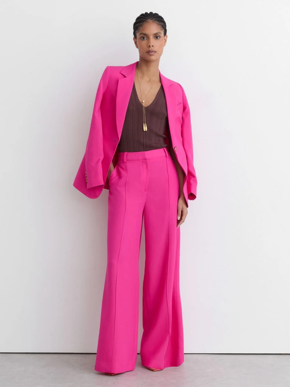 Reiss Pink Wide-leg Pintuck Trousers with Linen