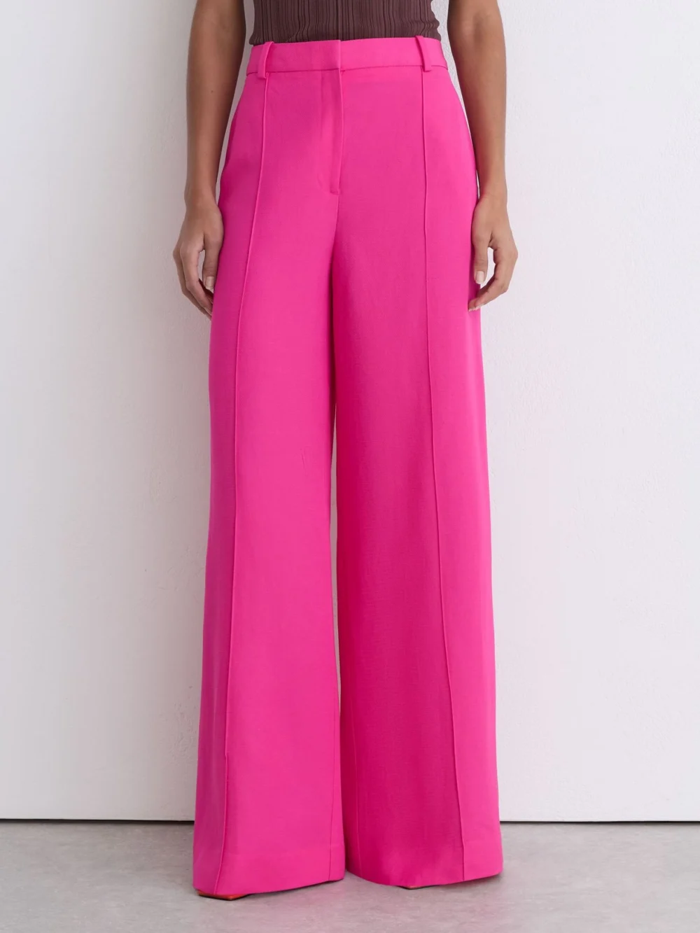 Reiss Pink Wide-leg Pintuck Trousers with Linen, view 3