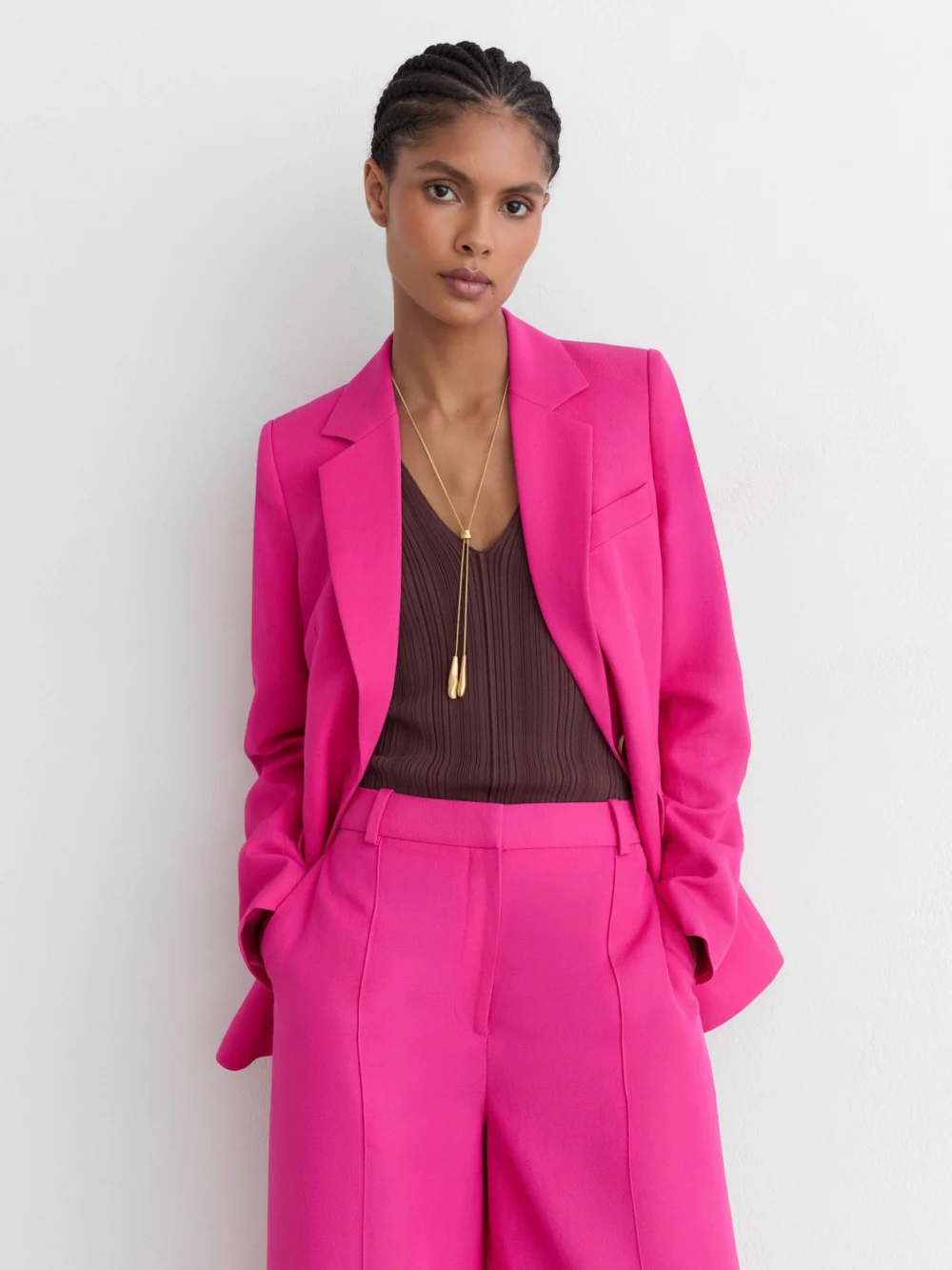 Reiss Pink Wide-leg Pintuck Trousers with Linen, view 4