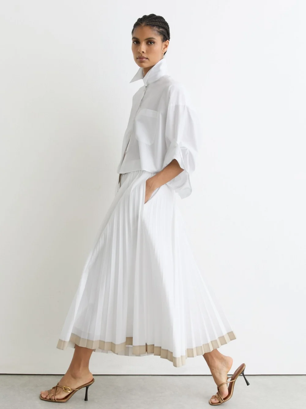 Reiss Pleated Belted Midi Skirt with Cotton in ivory