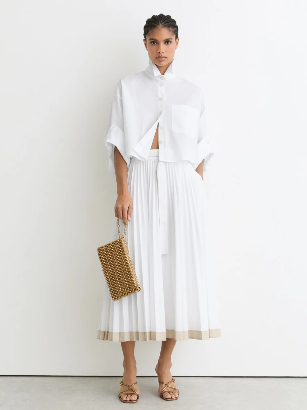 Reiss Pleated Belted Midi Skirt with Cotton, view 4