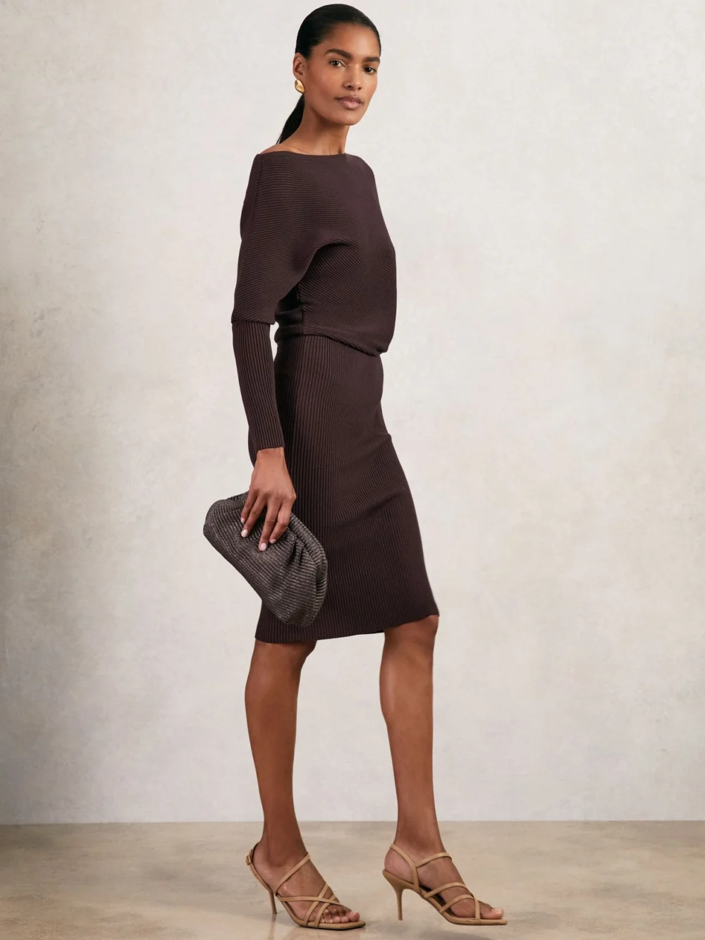 Reiss Plum Purple Off-the-shoulder Ribbed Midi Dress