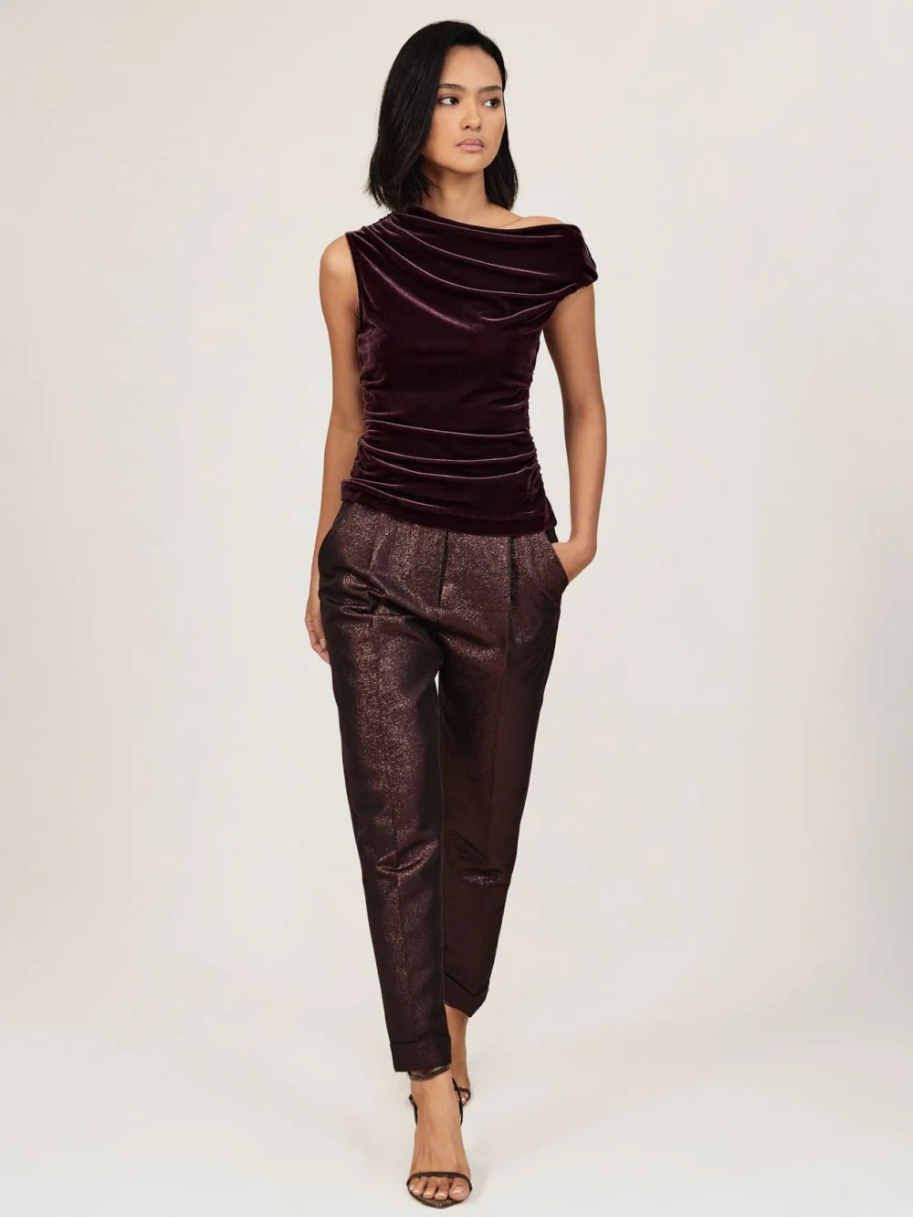 Reiss Plum Purple Velvet Off-shoulder Top, view 4
