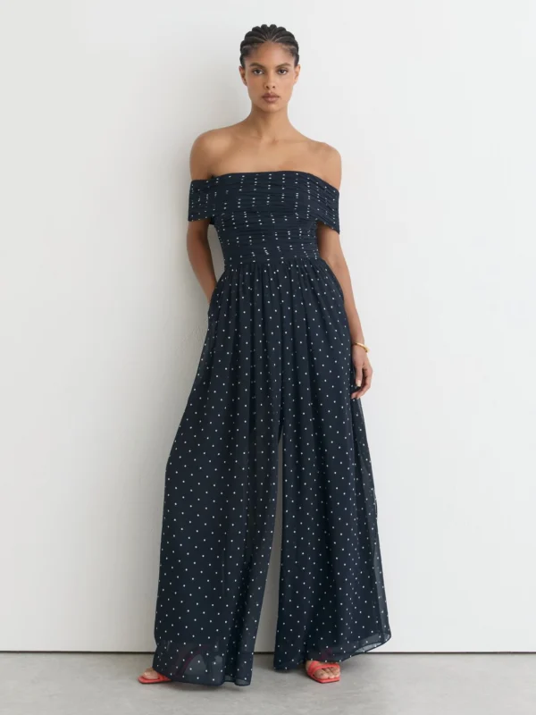 Reiss Polka-dot Bardot Wide-leg Jumpsuit