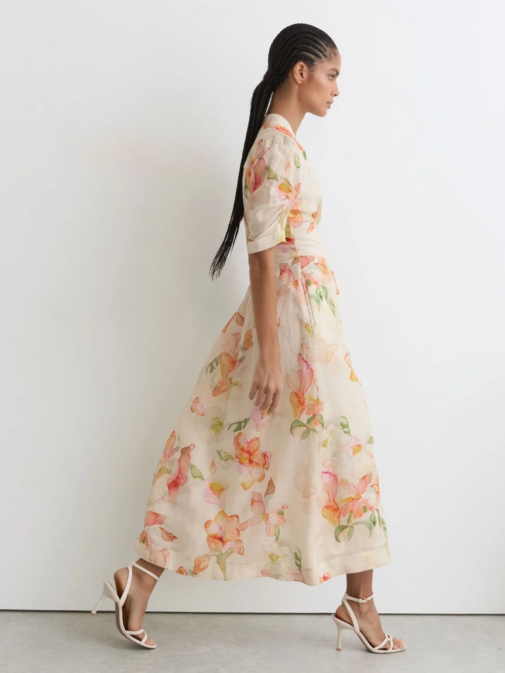 Reiss Poppy & Pink Floral-print Waisted Midi Dress, 6, view 3