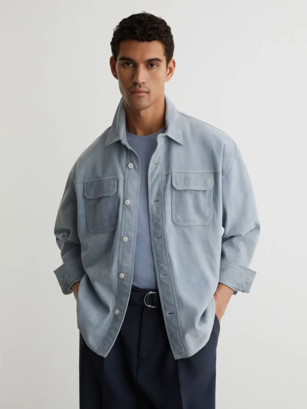 Reiss Powder Blue Monogram Embossed Relaxed Suede Jacket