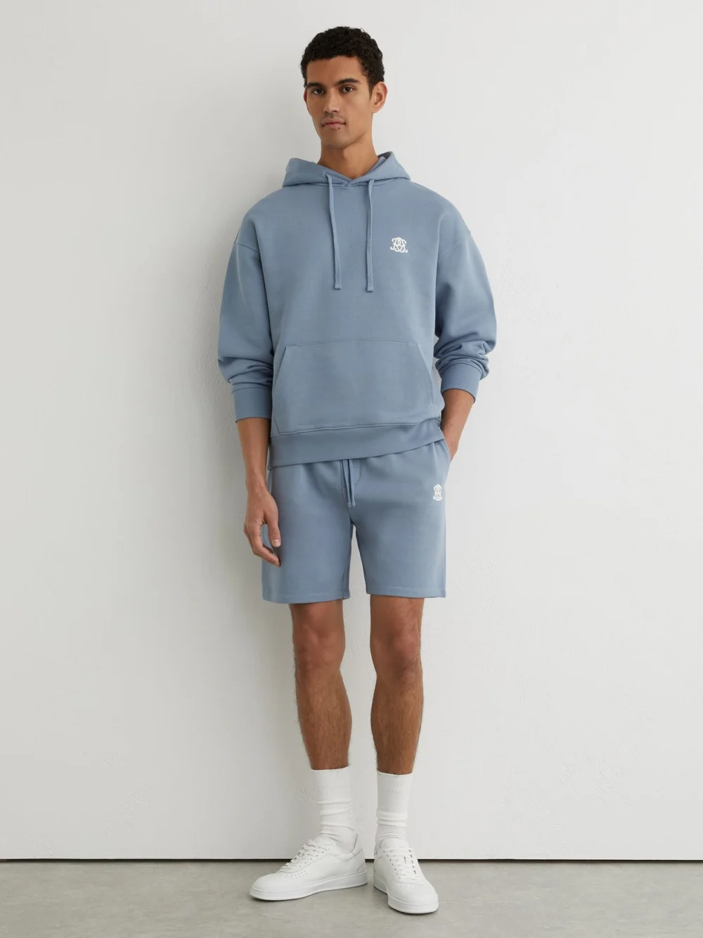 Reiss Powder Blue Monogram Embroidered Cotton Shorts