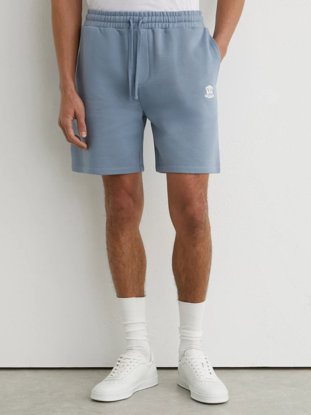 Reiss Powder Blue Monogram Embroidered Cotton Shorts, view 3