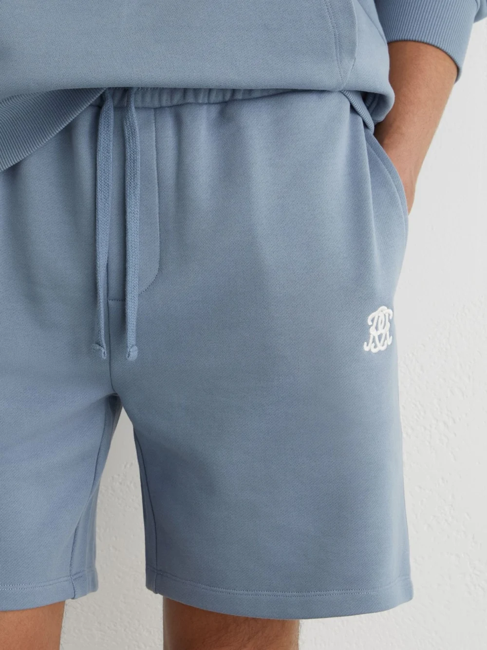 Reiss Powder Blue Monogram Embroidered Cotton Shorts, view 4