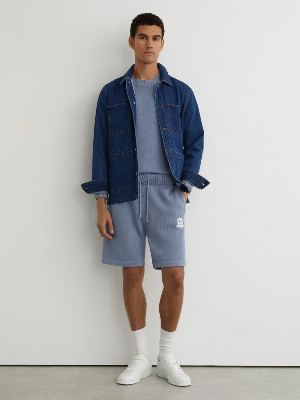 Reiss Powder Blue Monogram-embroidered Relaxed Knit Shorts