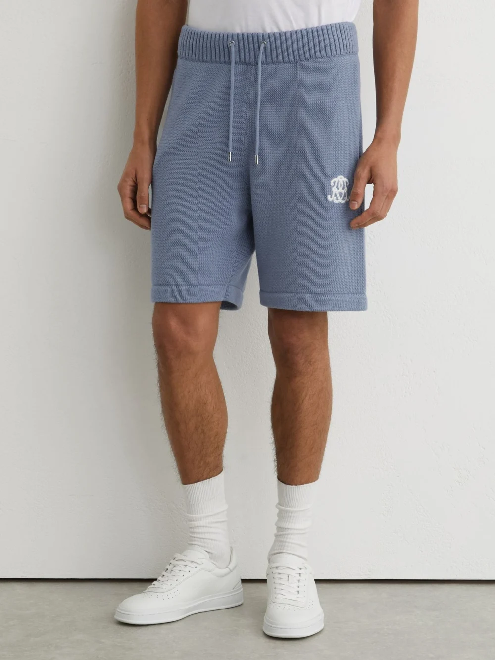 Reiss Powder Blue Monogram-embroidered Relaxed Knit Shorts, view 3
