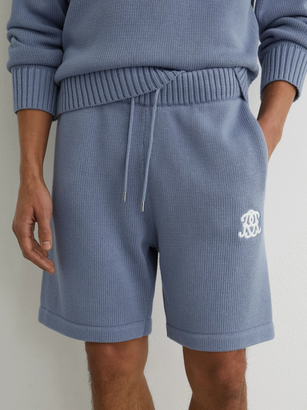 Reiss Powder Blue Monogram-embroidered Relaxed Knit Shorts, view 4