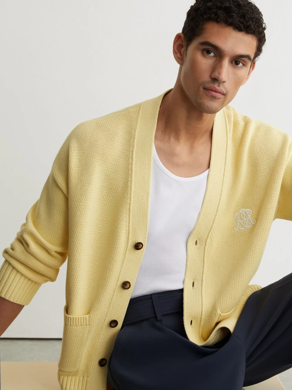 Reiss Powder Yellow Monogram-embroidered Relaxed Cardigan