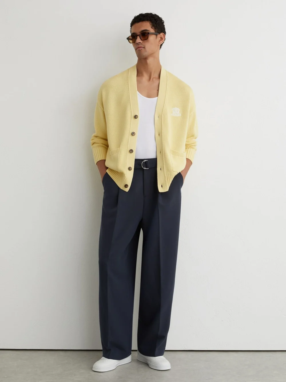 Reiss Powder Yellow Monogram-embroidered Relaxed Cardigan, view 3