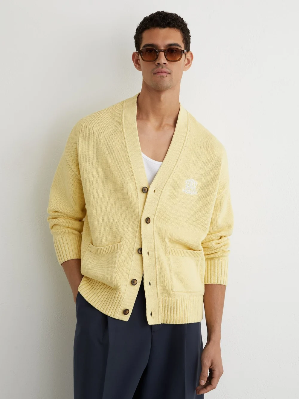 Reiss Powder Yellow Monogram-embroidered Relaxed Cardigan, view 4