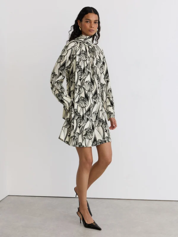 Reiss Printed Scarf-neck Swing Mini Dress
