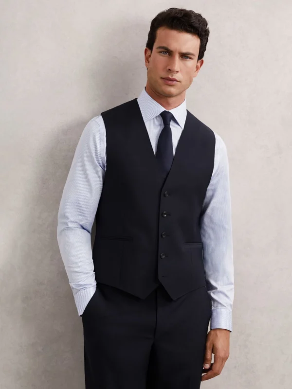 Reiss Promise Men's Navy Wool-blend Tailored-fit Waistcoat