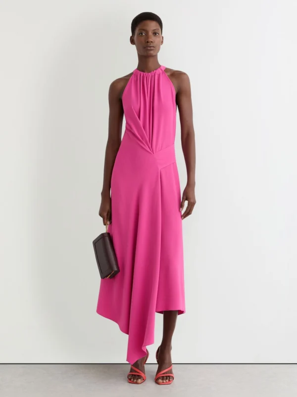 Reiss Raspberry Pink Drape-detail Sleeveless Midi Dress