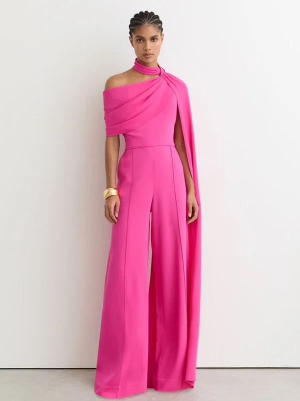 Reiss Raspberry Pink One-shoulder Drape Wide-leg Jumpsuit