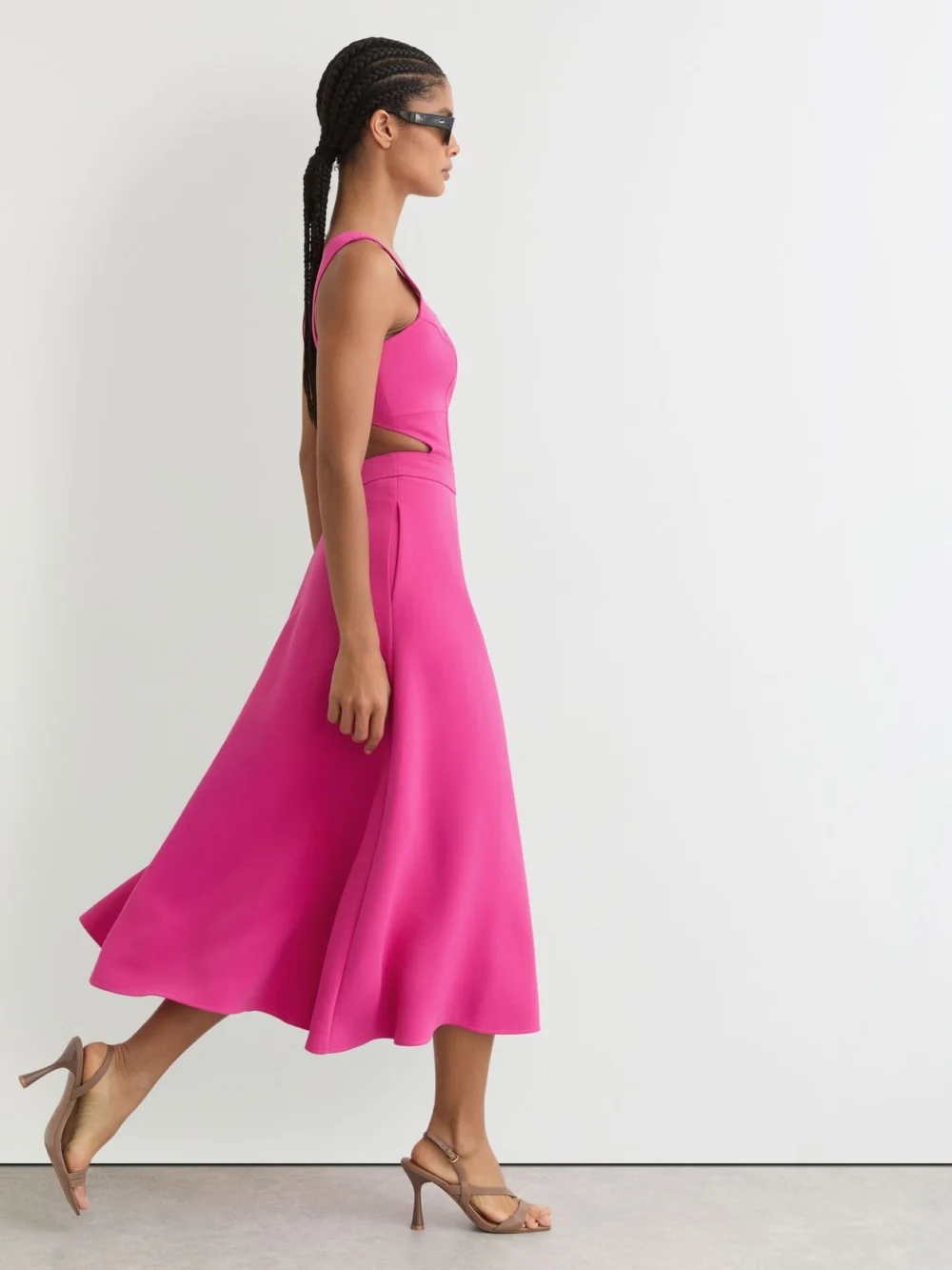 Reiss Raspberry Pink Waisted Cut-out Twill Midi Dress