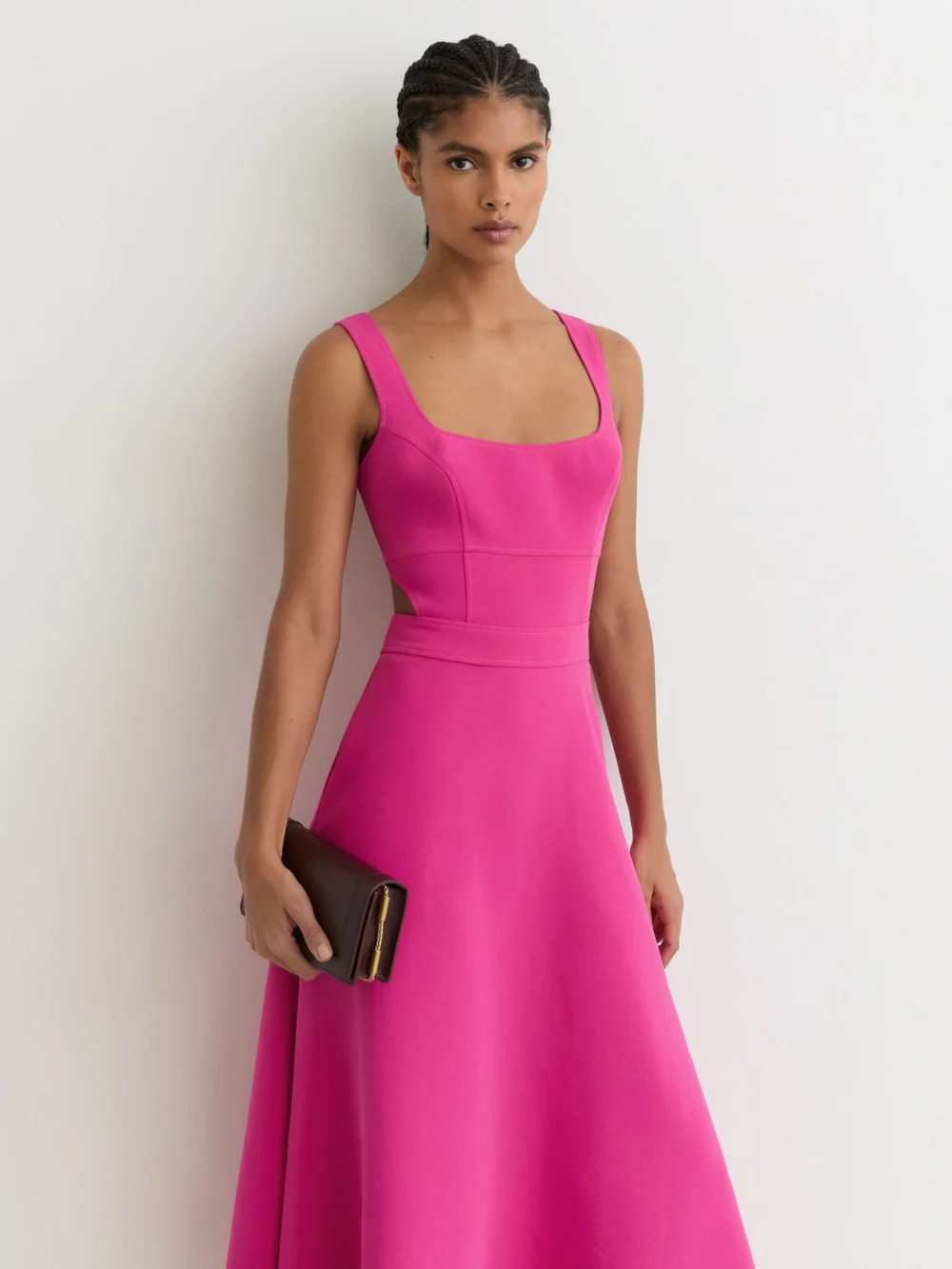 Reiss Raspberry Pink Waisted Cut-out Twill Midi Dress, view 4