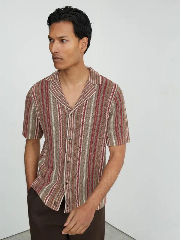 Reiss Red & Camel Striped Knit Cuban-collar Shirt