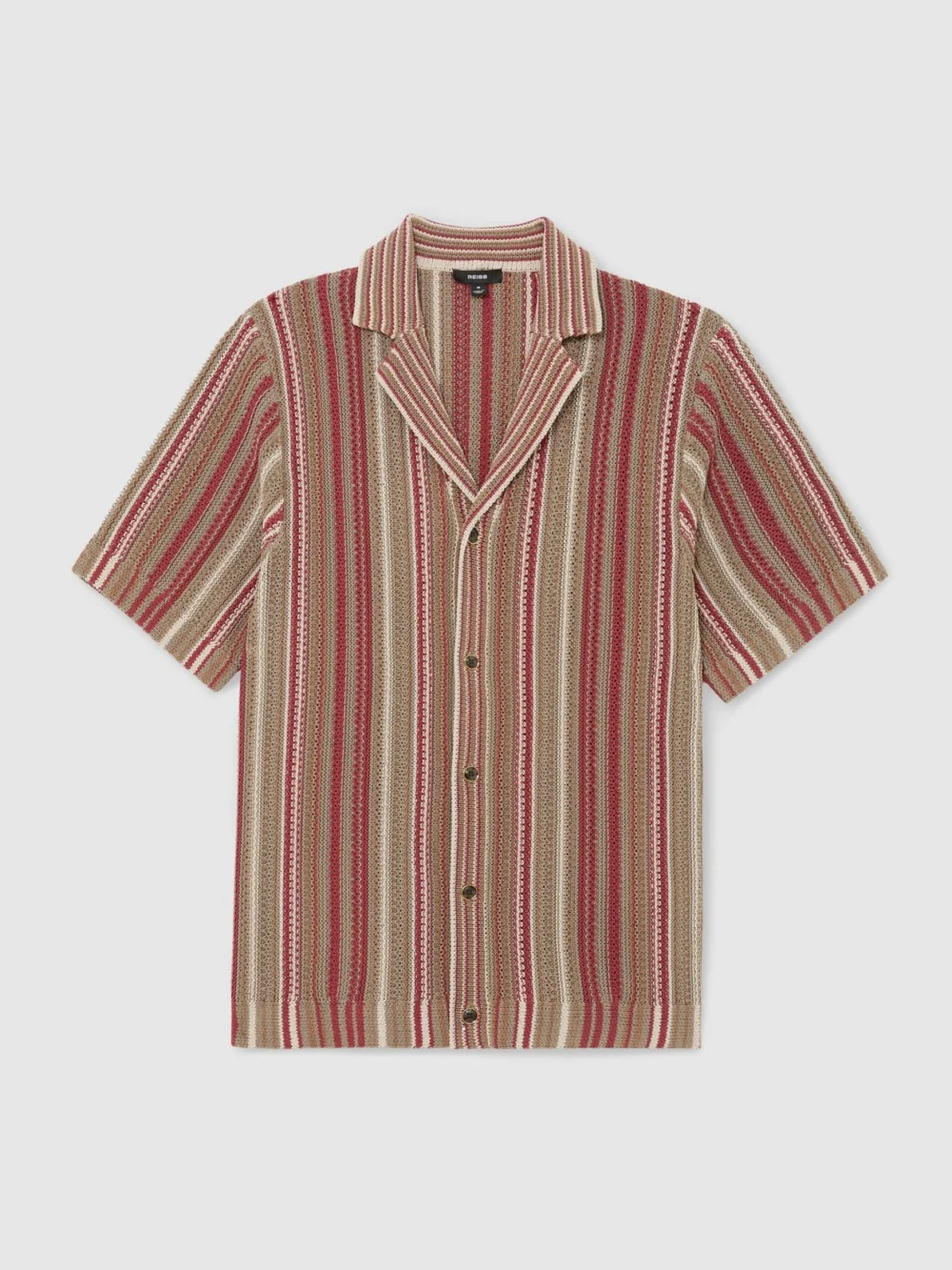 Reiss Red & Camel Striped Knit Cuban-collar Shirt, view 2