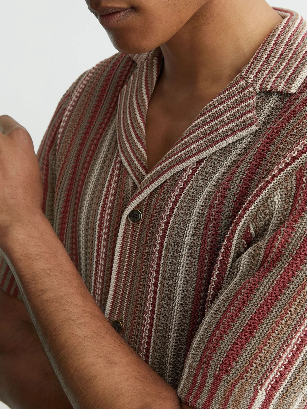 Reiss Red & Camel Striped Knit Cuban-collar Shirt, view 3
