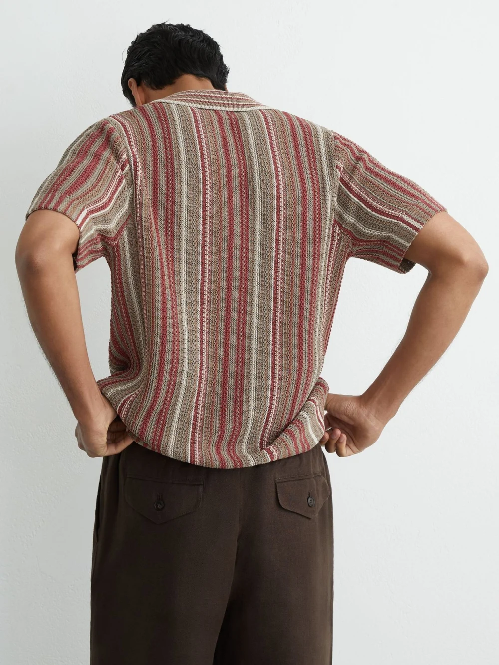 Reiss Red & Camel Striped Knit Cuban-collar Shirt, view 4