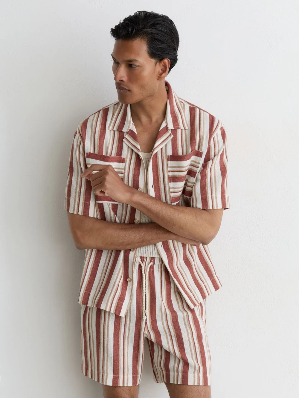 Reiss Red & Stone Striped Drawstring Shorts in red/stone