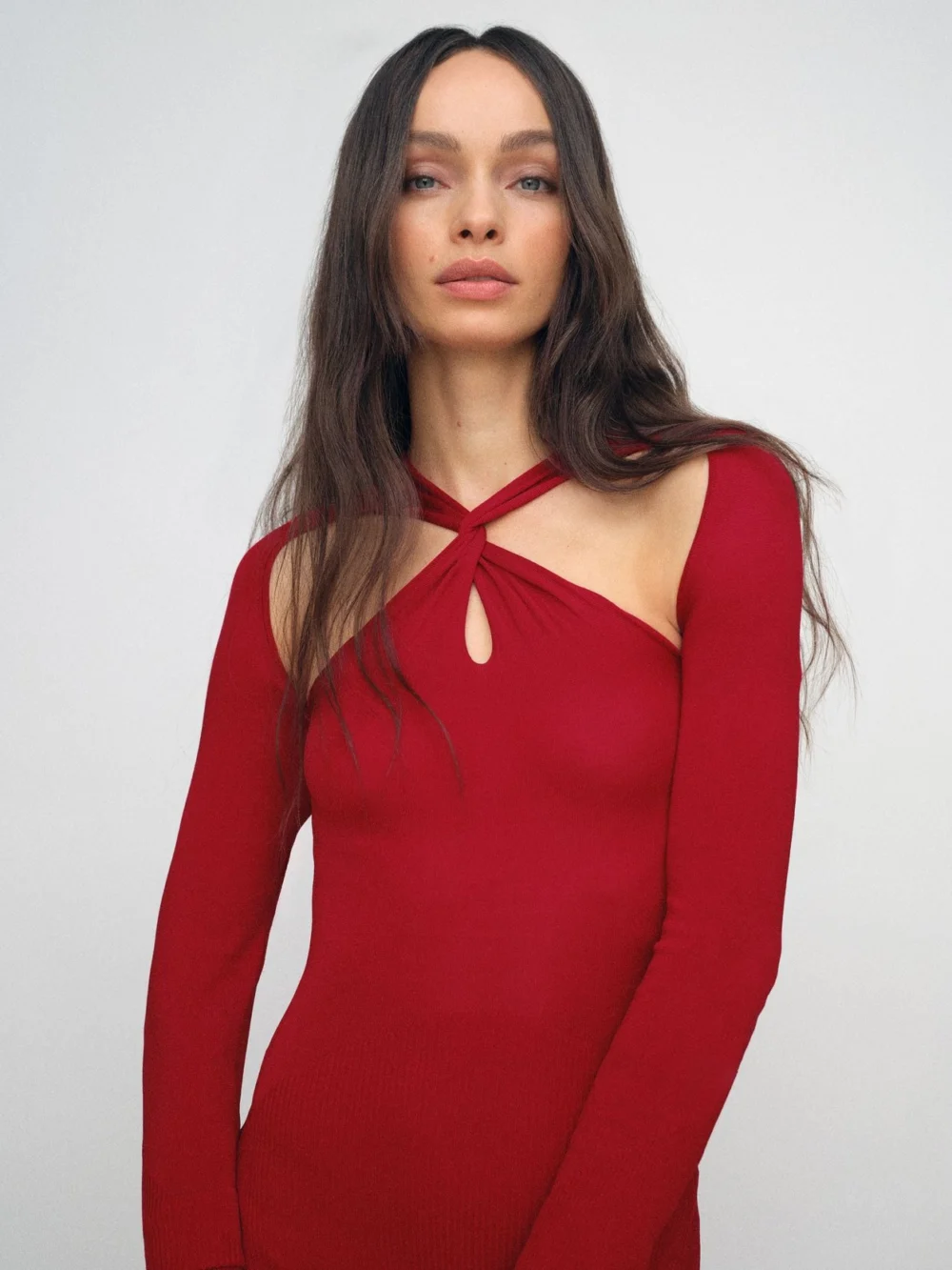 Reiss Red Cut-out Knitted Maxi Dress, view 3