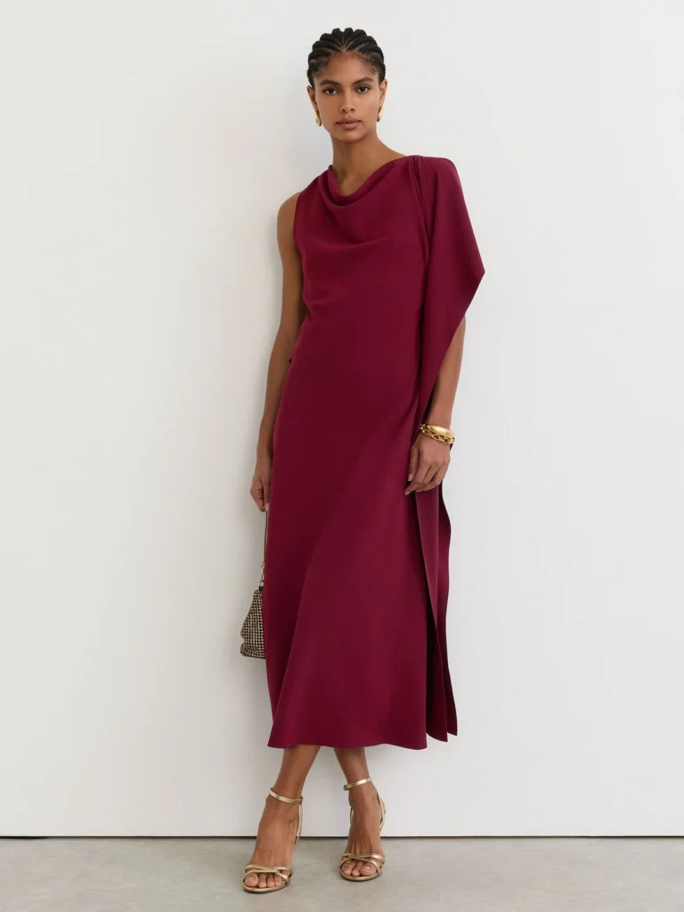 Reiss Red Drape-detail Cowl-neck Midi Dress