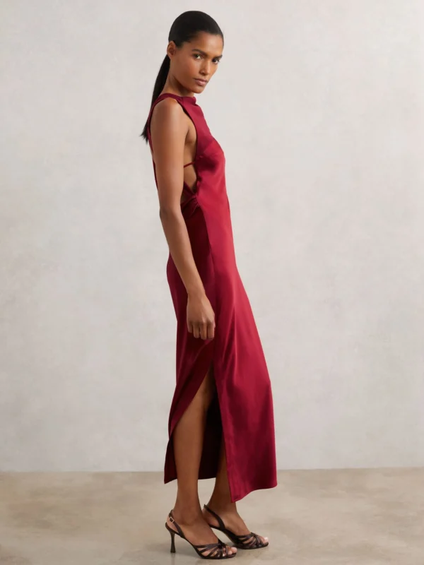 Reiss Red Draped Open-Back Dress