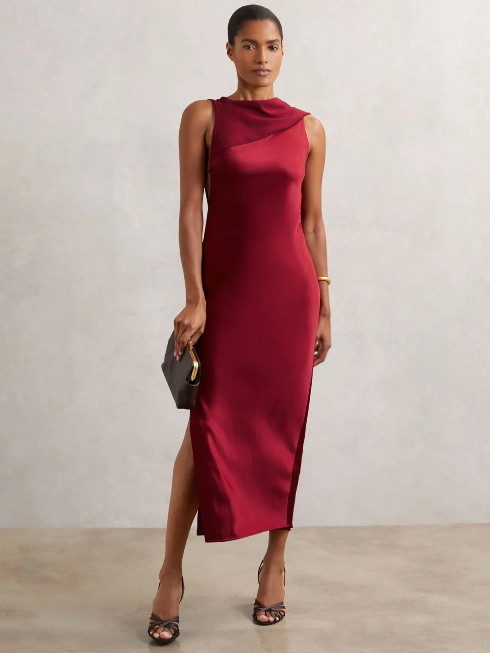 Reiss Red Draped Open-Back Dress, view 3