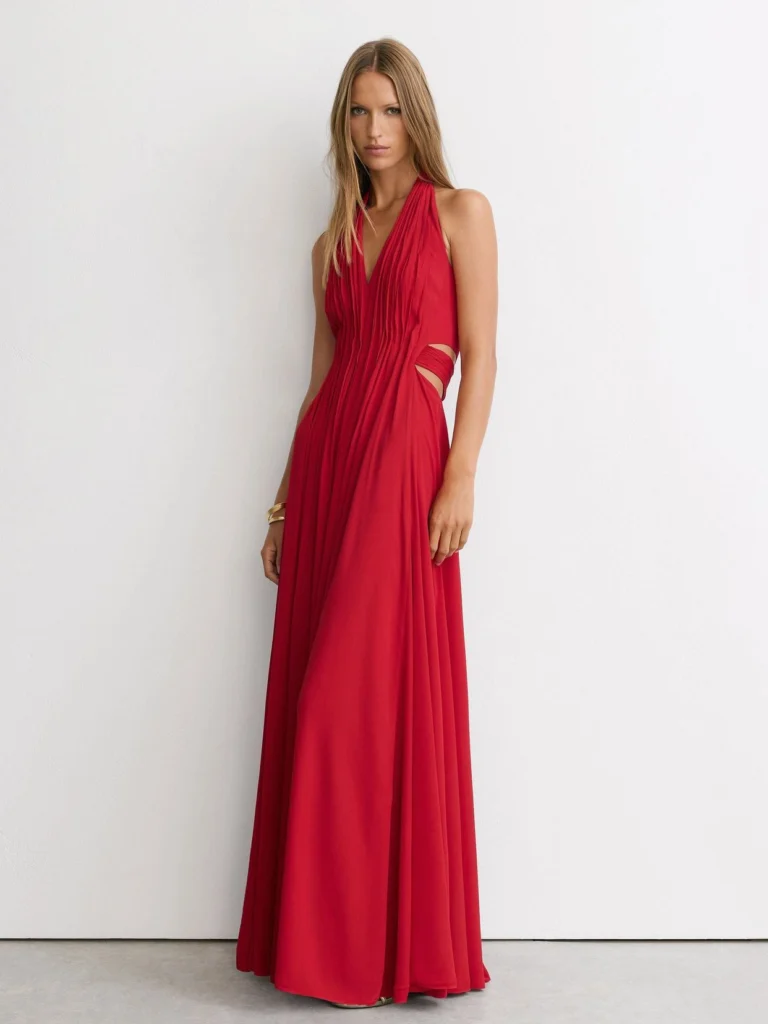 Reiss Red Halterneck Pleated Maxi Dress