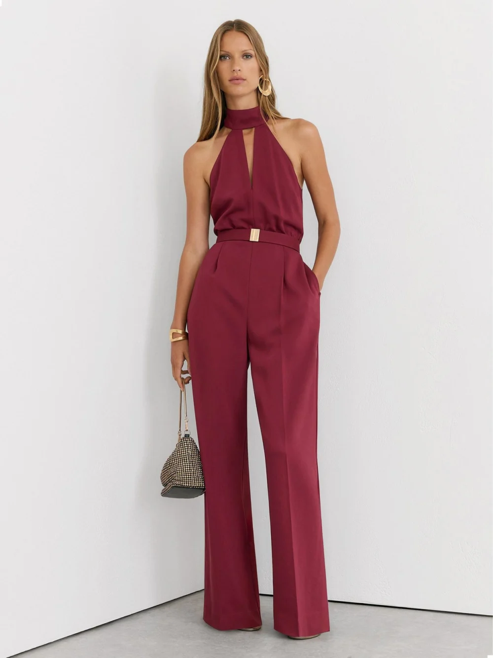 Reiss Red Petite Halterneck Belted Wide-leg Jumpsuit