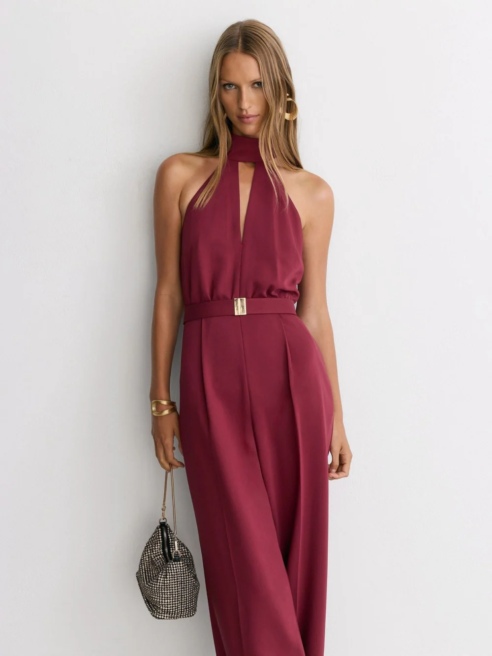 Reiss Red Petite Halterneck Belted Wide-leg Jumpsuit, view 4