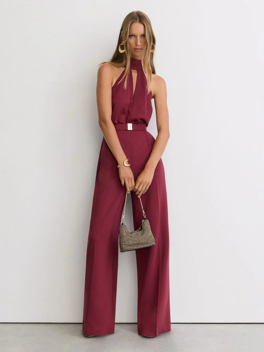 Reiss Red Petite Halterneck Belted Wide-leg Jumpsuit, view 5